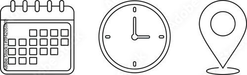 A calendar, clock and location icon set