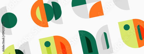 Abstract geometric pattern. Shapes overlap, creating playful visual texture. Colors include green, orange, gray, yellow. Minimalist design.