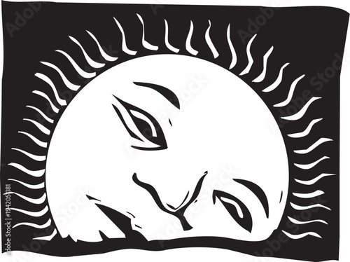 Woodcut style image of a rising sun with a face on it.