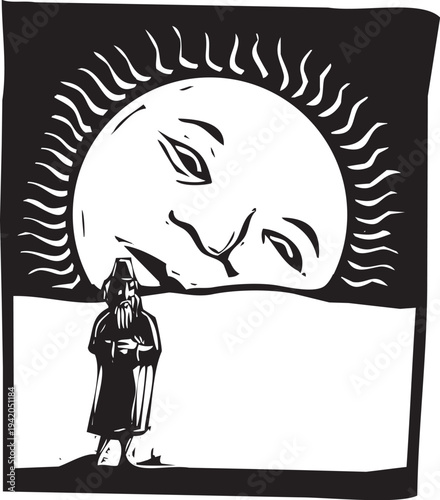 Woodcut style image of a man alone in a desert wearing a fez as sun with a face on rises