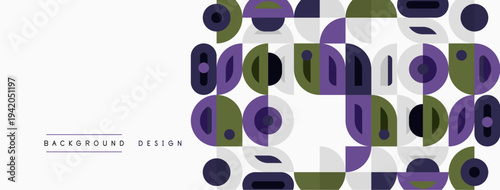 Abstract geometric pattern. Circles, rectangles, curves create modern design. Purple, olive, gray tones dominate composition. Minimalist aesthetic.