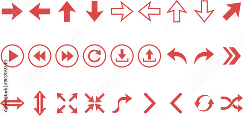 Collection of flat red arrow icons for web design navigation and media controls