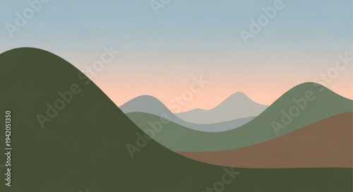 Serene Mountain Landscape with Rolling Hills and Soft Sunset Colors.