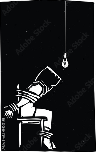 Woodcut style image of a man with a bag on his head and tied up.