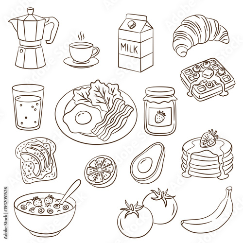 Breakfast set hand drawn sketch style illustrations. Set of breakfast food and drinks