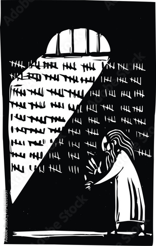 Woodcut style image of a man counting the days he has spent in prison