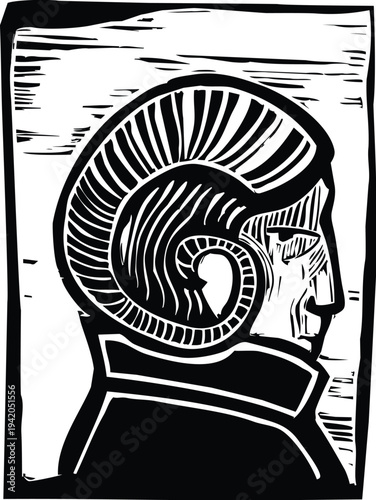 Woodcut style image of a fairy king with goat horns.