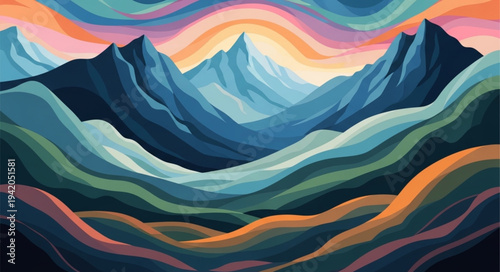 Colorful Abstract Mountain Landscape Painting Artwork.