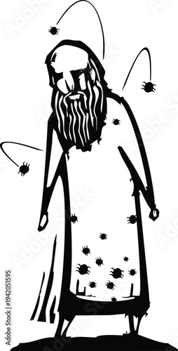 Woodcut style image of a man who is infested with bugs and lice