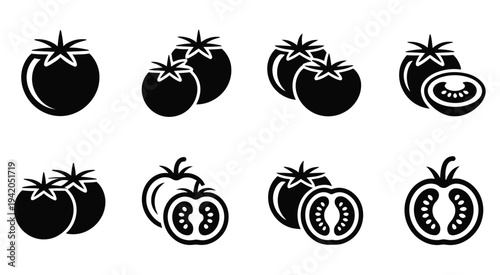 Minimal tomato symbols pack featuring whole and sliced tomato icons, fresh vegetable vector illustration, healthy food concept