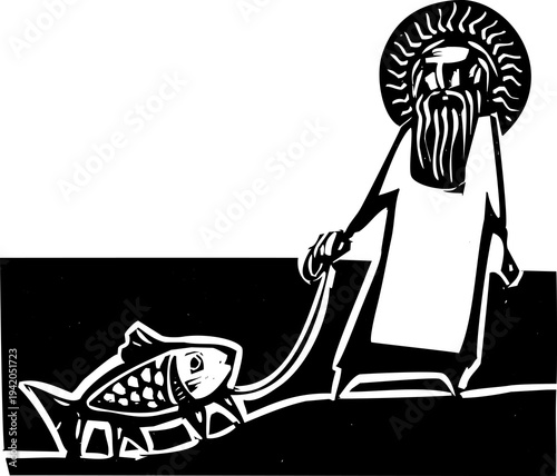 Tableau sur toile Woodcut style image of god walking a fish with legs.