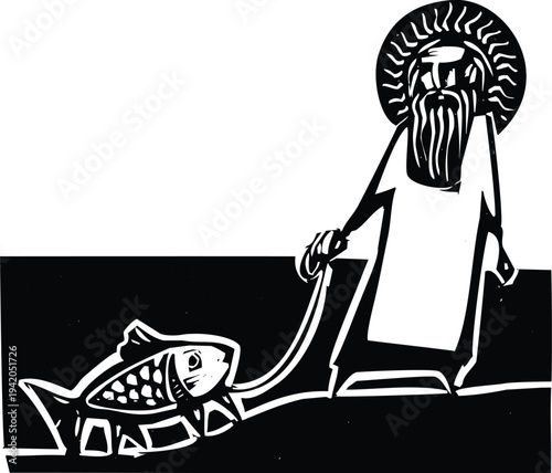 Schilderij op canvas Woodcut style image of god walking a fish with legs.
