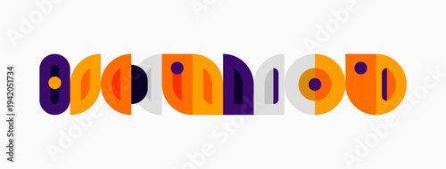 Retro style graphic features colorful semicircles forming abstract shapes. Design evokes midcentury modern aesthetic, playful composition.