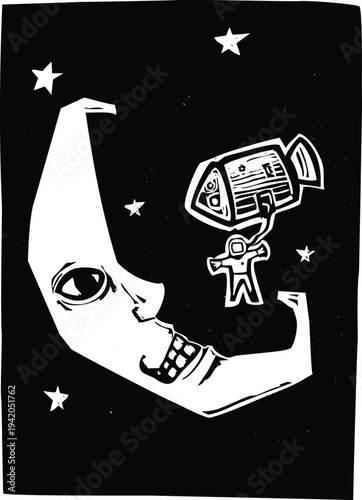 Woodcut style image of an astronaut visiting a crescent moon with a face.