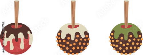 Caramel candy apples vector set, chocolate coated toffee apples with toppings on stick, sweet dessert treat illustration