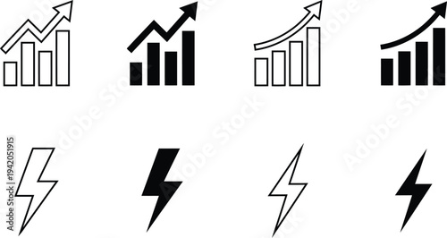 Collection of business growth and electricity icons in black and white