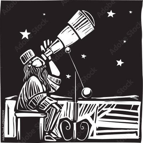 Woodcut style middle eastern astronomer looking through a telescope.