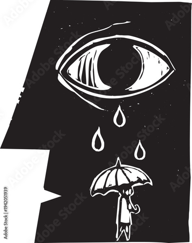 Woodcut style image of a person using an umbrella to hide from tears that fall like rain