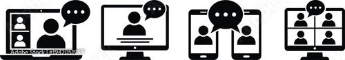 Video conferencing and online meeting icons on various devices