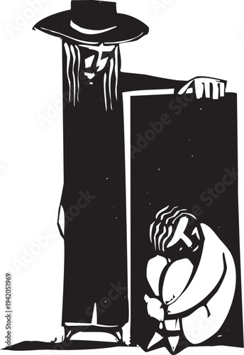 Woodcut image of man hiding in a box being found by another person