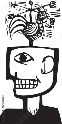 Woodcut style image of a man with a rooster coming out of his head waking up.