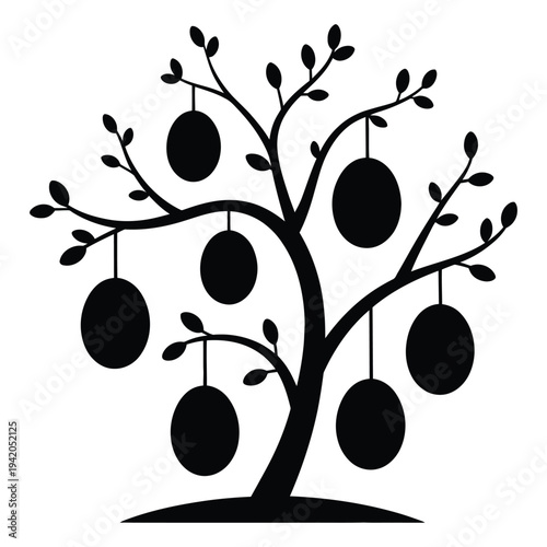 Easter Egg Tree Silhouette Vector – Black Tree with Hanging Easter Eggs Illustration, Minimal Spring Holiday Decoration Design for Greeting Cards, Logos, Prints, and Seasonal Art