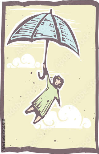 Woodcut style image of a man being carried in tot eh sky by an umbrella