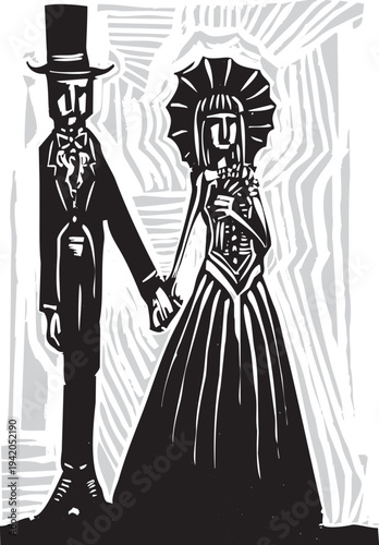 Woodcut style image of a goth wedding with bride and groom.