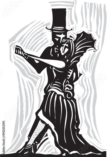 Woodcut style image of a goth wedding with bride and groom.