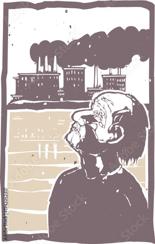 Woodcut style image of a man with his eyes stitched shut ignoring the world.