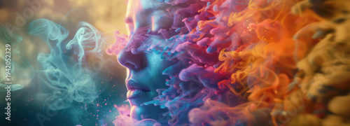 Ephemeral Thought: A striking side profile of an individual's face emerges from a cloud of vibrant colors, evoking the transient and fluid nature of thoughts.
