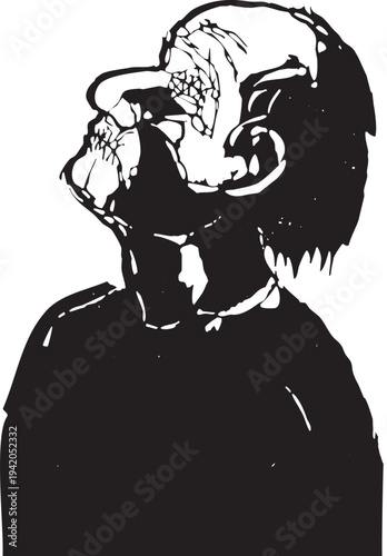 Woodcut style image of a man with his eyes stitched shut ignoring the world.