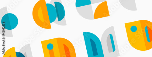 Abstract geometric pattern. Shapes overlap, creating playful visual texture. Colors include orange, teal, gray, white. Modern design element.