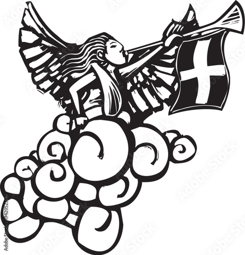 Woodcut style image of an angel blowing his trumpet
