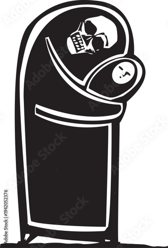 Woodcut style image of death holding an infant child