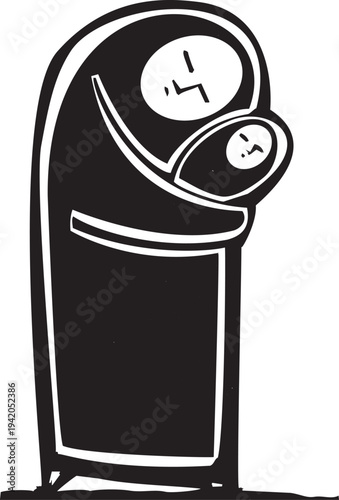 Woodcut style image of a woman in a burka holding a child,