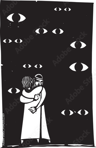 Woodcut style image of two people embracing being watched by many eyes,