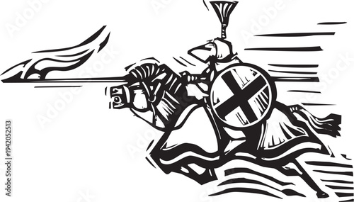 Woodcut style image of jousting knights
