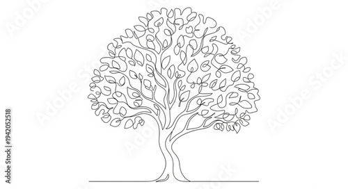 Detailed Illustration of a Large Tree with Dense Foliage.