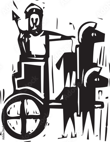 Woodcut simple style of a man in horse drawn chariot