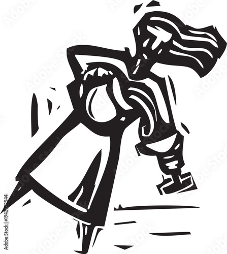 Woodcut style image of woman pouring liquid from a pitcher