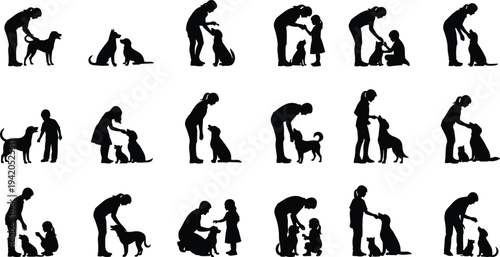 People and Dogs Interaction Silhouette Set Showing Pet Care, Training, Family Bonding and Animal Friendship Vector Collection