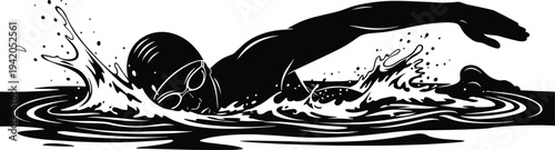 Professional swimmer freestyle stroke silhouette with water splash dynamic swimming sport athlete vector illustration isolated on white background