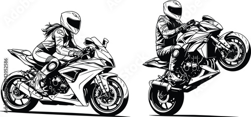 Sport Motorcycle Riders Illustration with Male and Female Bikers Performing High Speed Racing and Wheelie Stunt on Sportbike