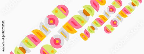 Colorful rounded shapes overlap, creating abstract pattern. Pink, yellow, green hues dominate composition. Minimalist design.