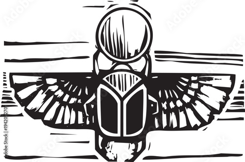 Woodcut style image of a winged Egyptian scarab beetle 