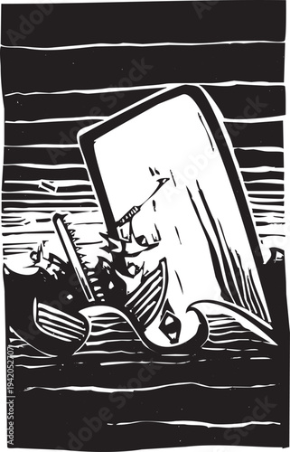 Woodcut style image of white being harpooned by a whale boat