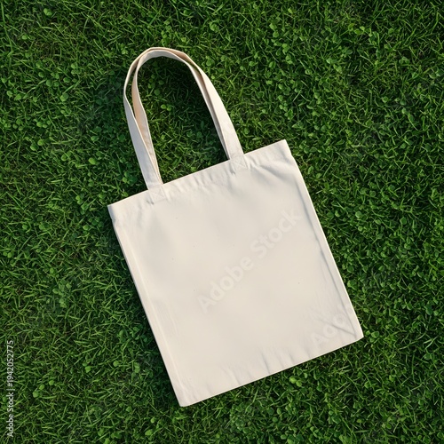 Blank cotton tote bag mockup on green grass eco friendly reusable shopping concept