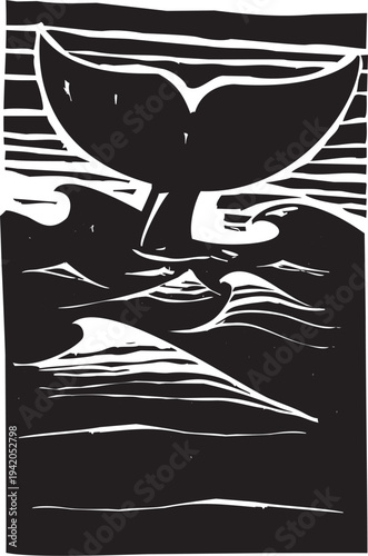 Woodcut style vintage image of the tail of whale at sea
