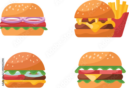Delicious burger and fries fast food vector illustration set, cheeseburger hamburger menu icons isolated dark background restaurant design